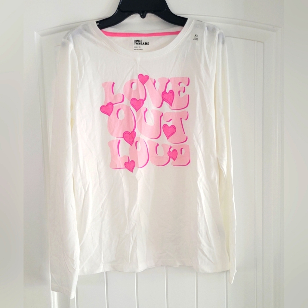 White Long Sleeve Shirt with Pink Heart Design, 2 Shirts